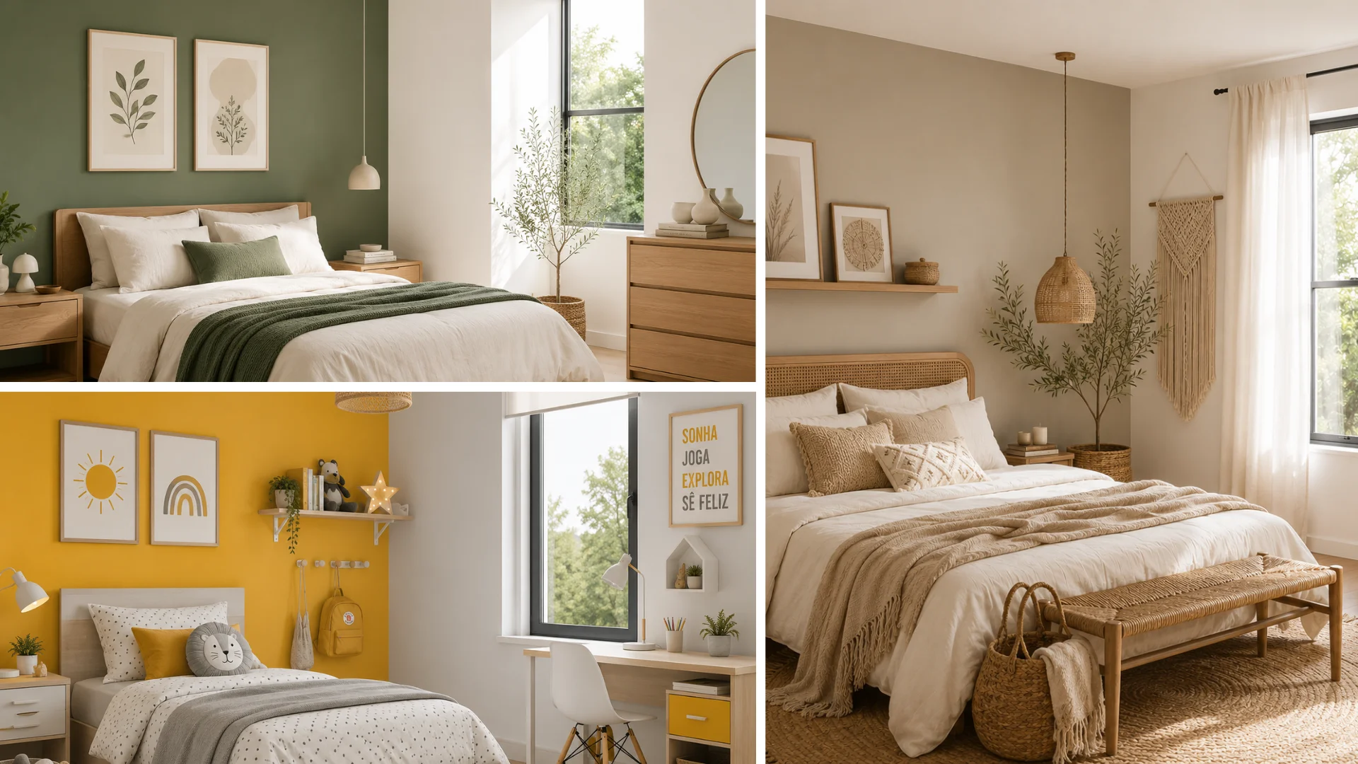 Quartos pintados com cores de verão: verde, amarelo e tons naturais