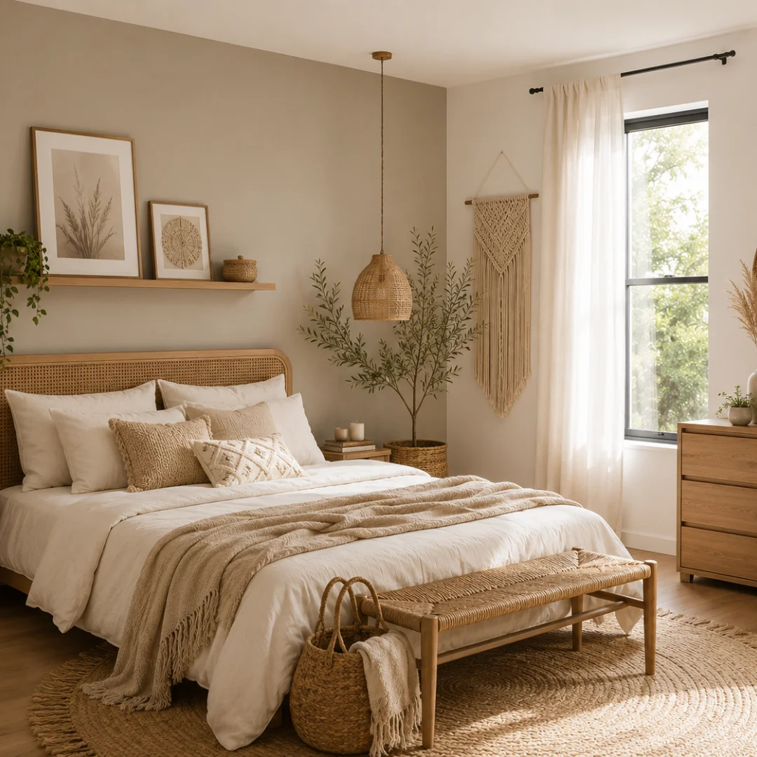 Quarto em tons Pedra e Branco Cream, estilo natural e acolhedor