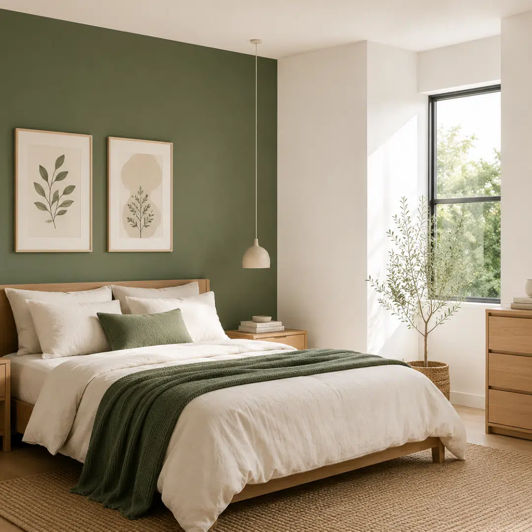 Quarto com parede em Verde Figo e branco, decoração natural em madeira